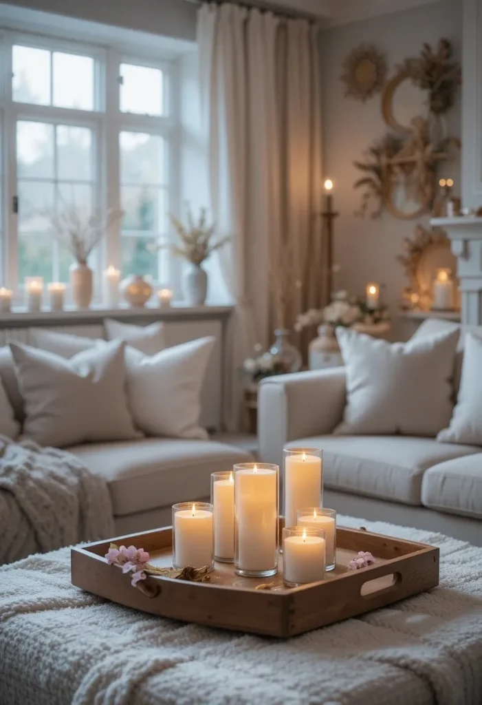 Scandinavian living room illuminated by candles creating a warm and cozy hygge ambiance.