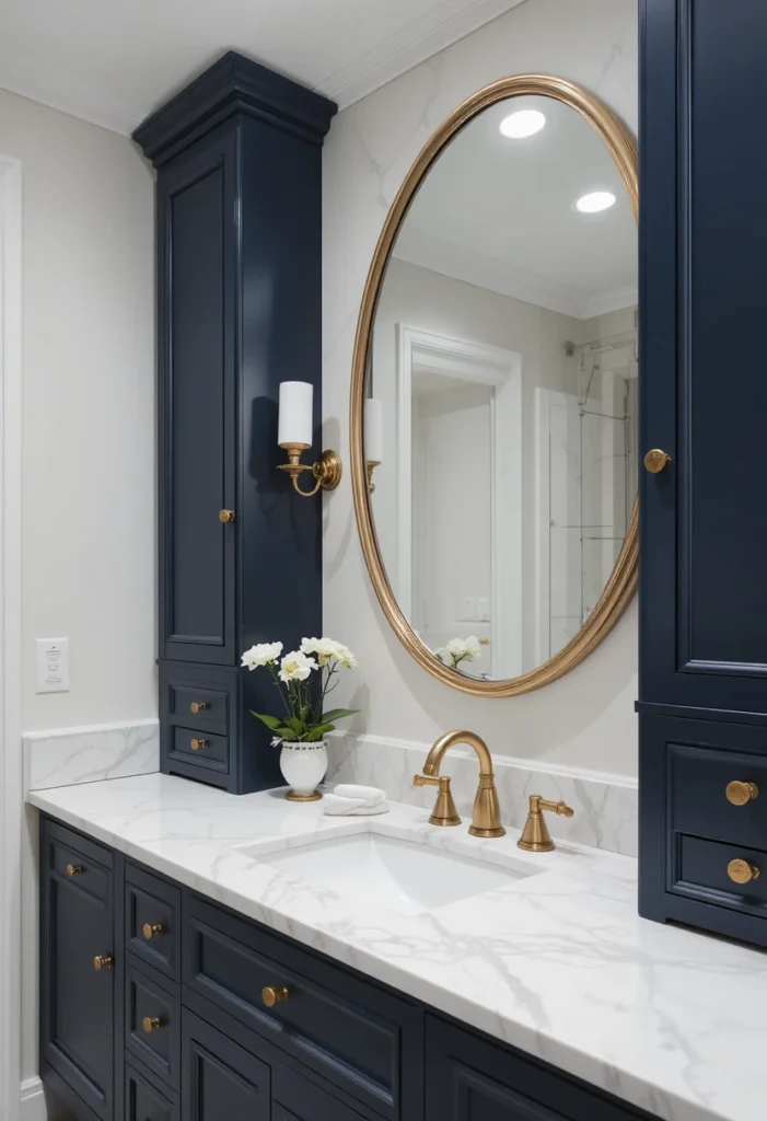 Navy blue bathroom cabinets paired with marble countertop and brass hardware.