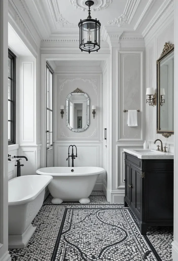 Bathroom showcasing detailed black and white mosaic tile flooring.