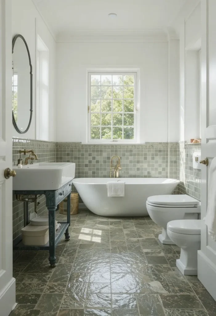 Olive green zellige-style floor tiles with handcrafted character.