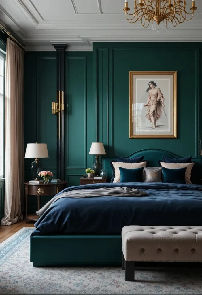 Emerald green bedroom accent wall with navy bedding and gold decor.