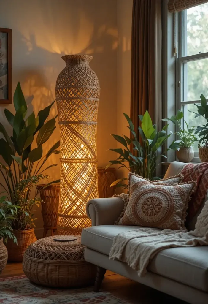 Rattan floor lamp casting a warm woven glow in a bohemian living room.