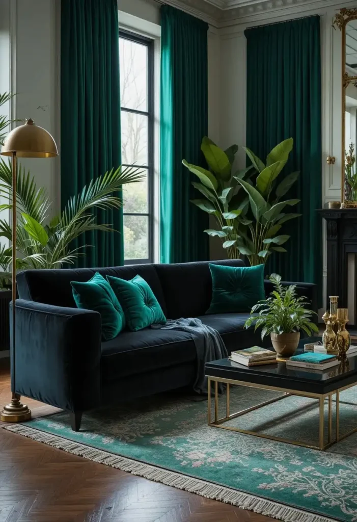 Black couch styled with emerald green accents for dramatic elegance.