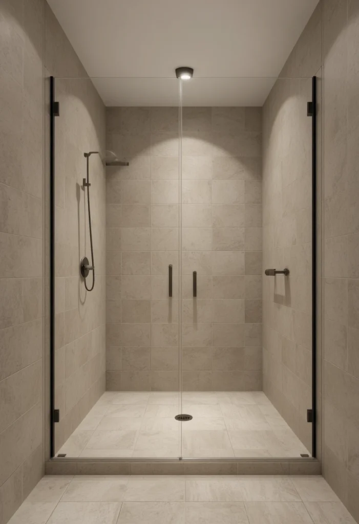 Small walk-in shower bathroom using large format tiles to create a larger appearance.