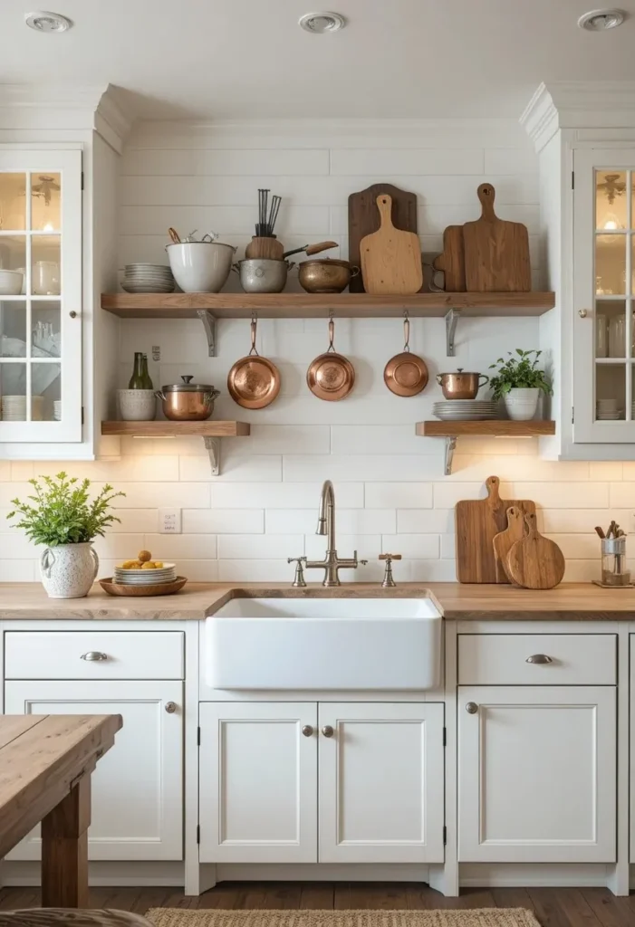 White farmhouse kitchen with a classic apron sink and shiplap details.