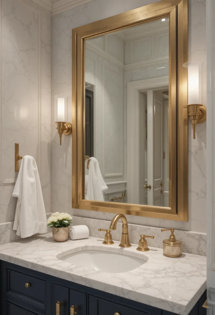 Brushed brass bathroom mirror above a navy vanity bringing timeless elegance and warmth.