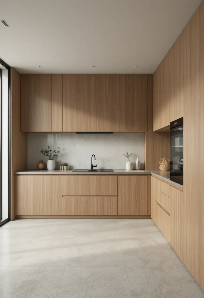 Handleless flat-front oak cabinets creating a seamless Japandi kitchen design.