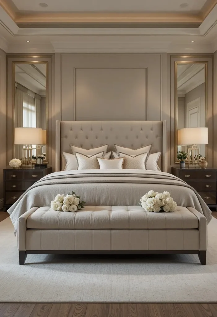 Master bedroom with an upholstered bench placed at the foot of the bed.