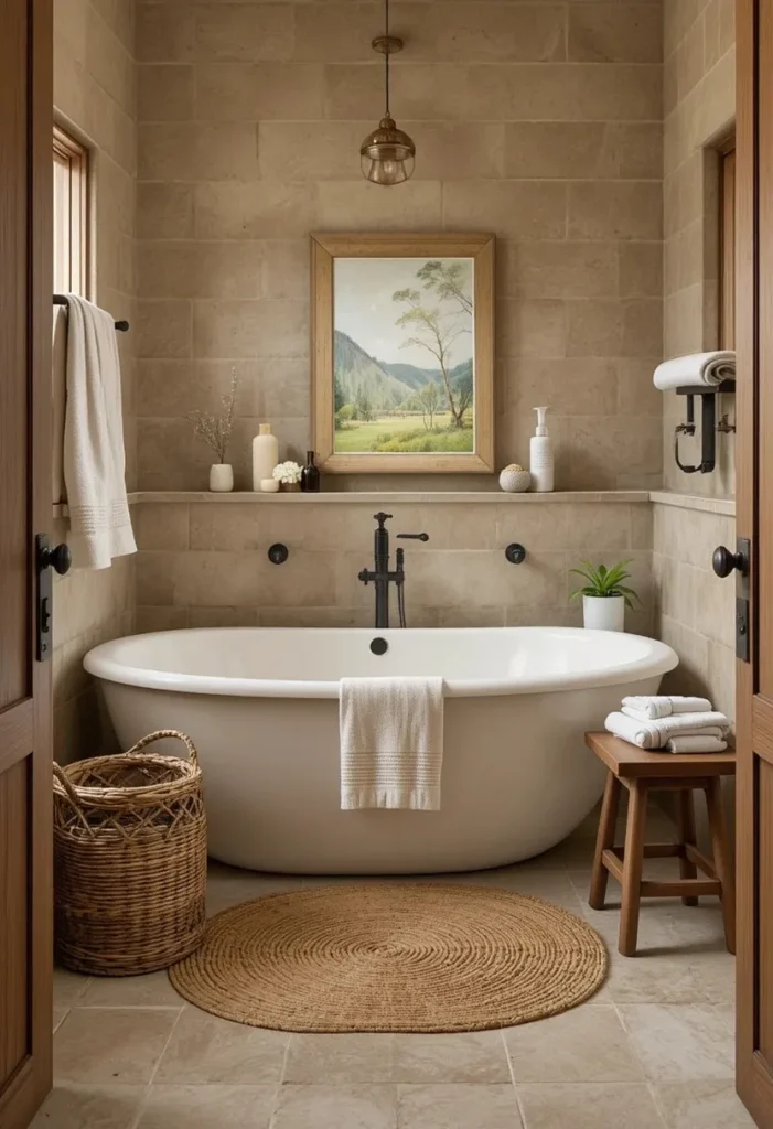 Guest bathroom featuring woven textures and natural materials