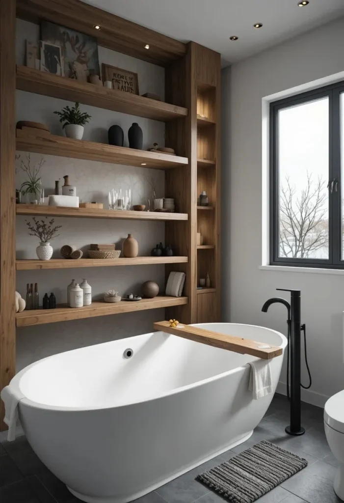 Black and white bathroom softened with warm natural wood accents and decor.