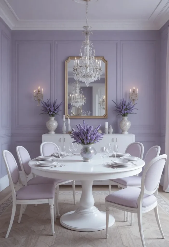 Lavender dining room with white furniture and soft romantic styling