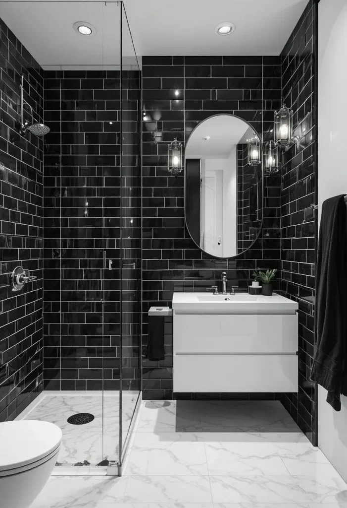 Bathroom with black subway tile wall and contrasting white grout details.
