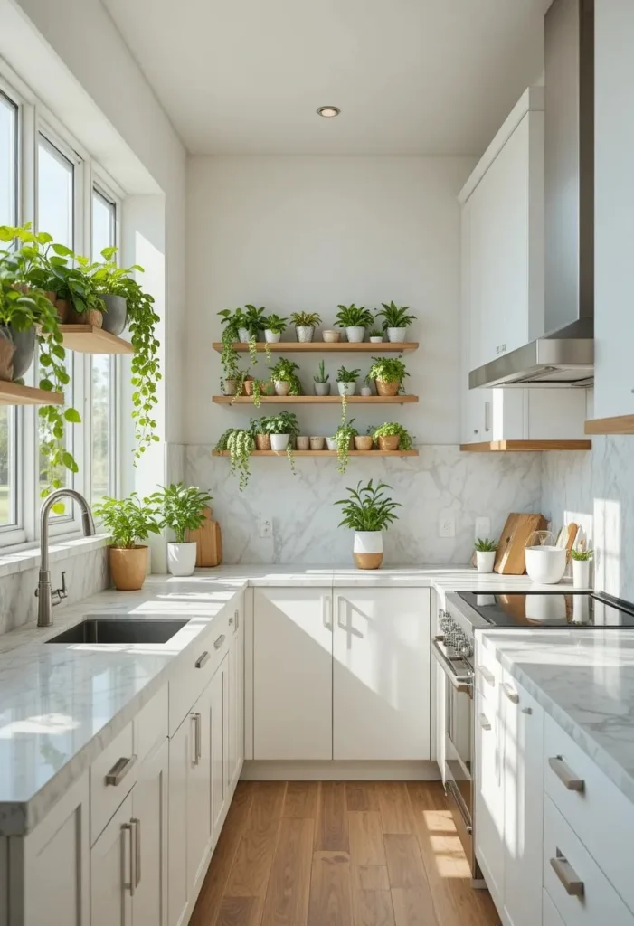 Galley kitchen styled with lush indoor plants and fresh herbs creating a vibrant natural feel.