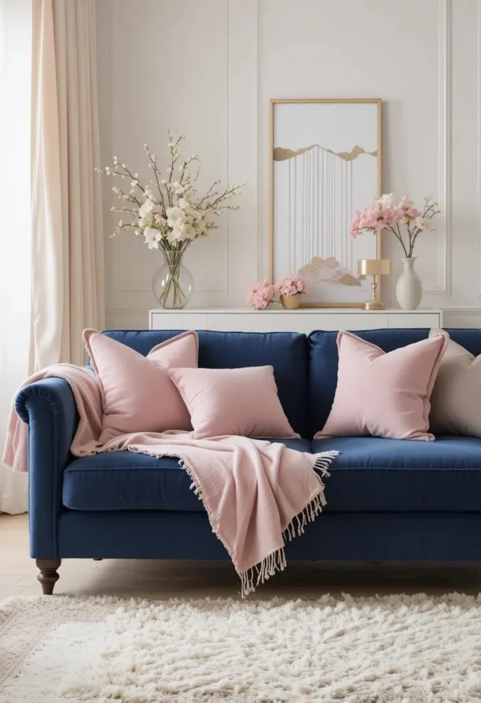 Navy blue couch accented with blush pink decor for a soft romantic look.