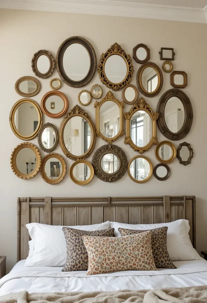 Gallery wall made from small decorative mirrors in various shapes.