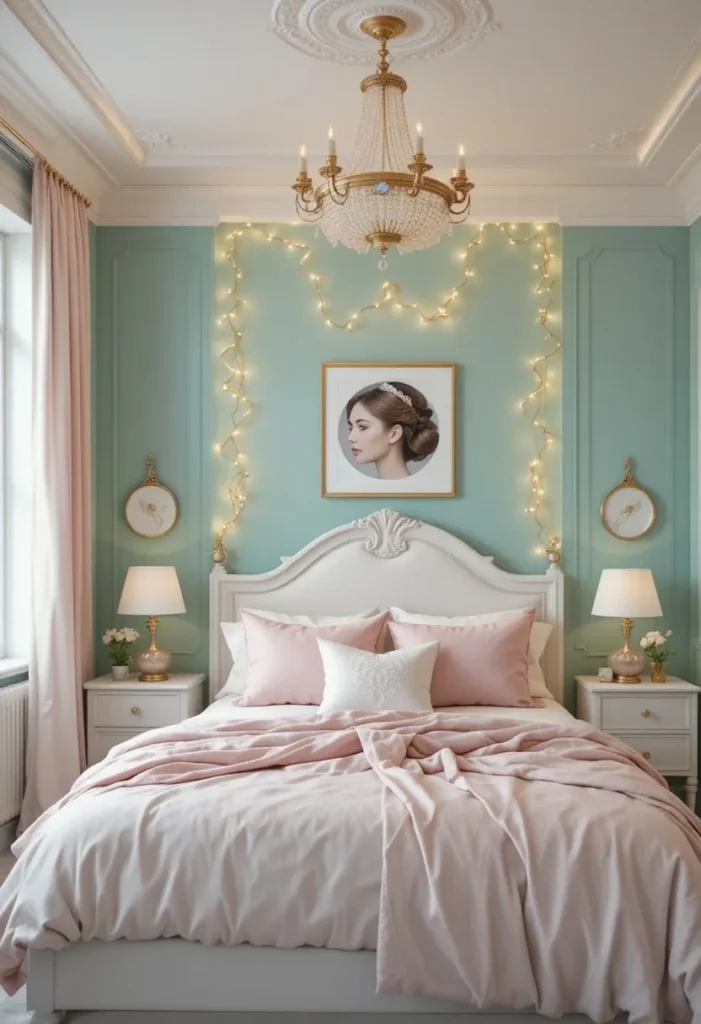 Pistachio green accent wall with blush pink decor and soft lighting.