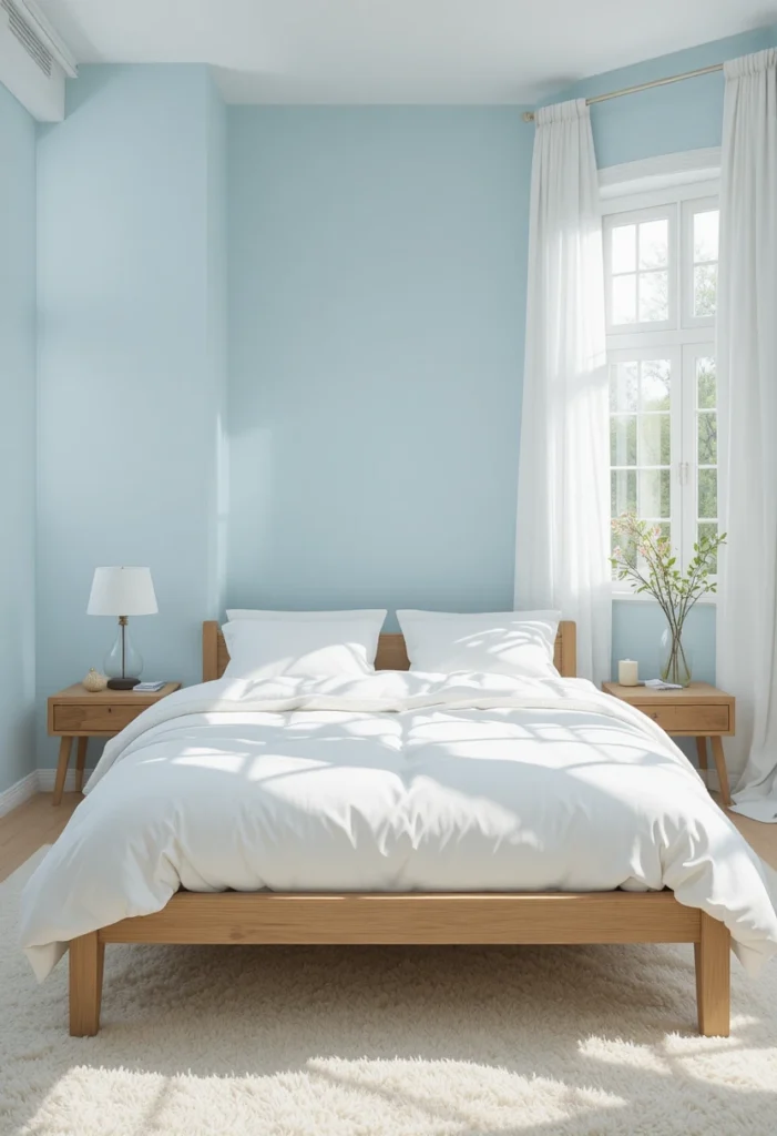 Airy bedroom with powder blue walls and soft white bedding