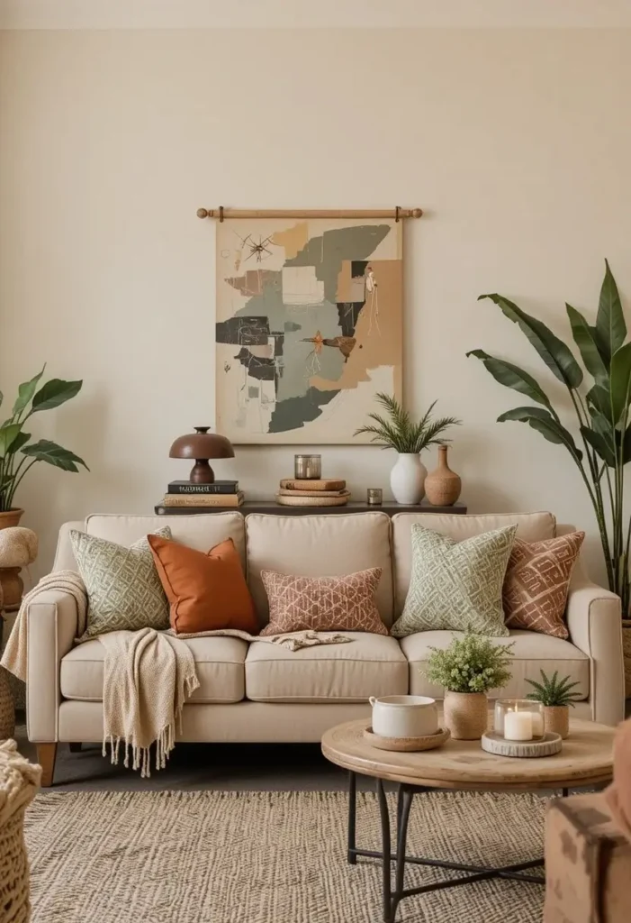 Earth-toned boho living room featuring terracotta, sage, and warm neutral colors.