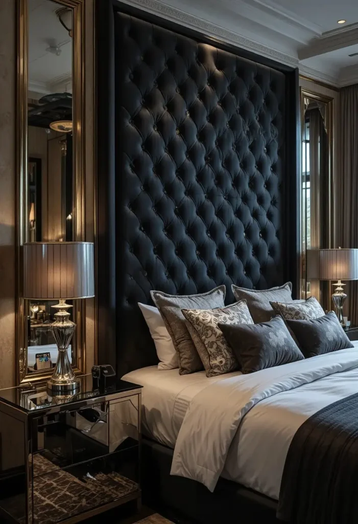 Black velvet headboard paired with silver bedside lamps in a glamorous bedroom.