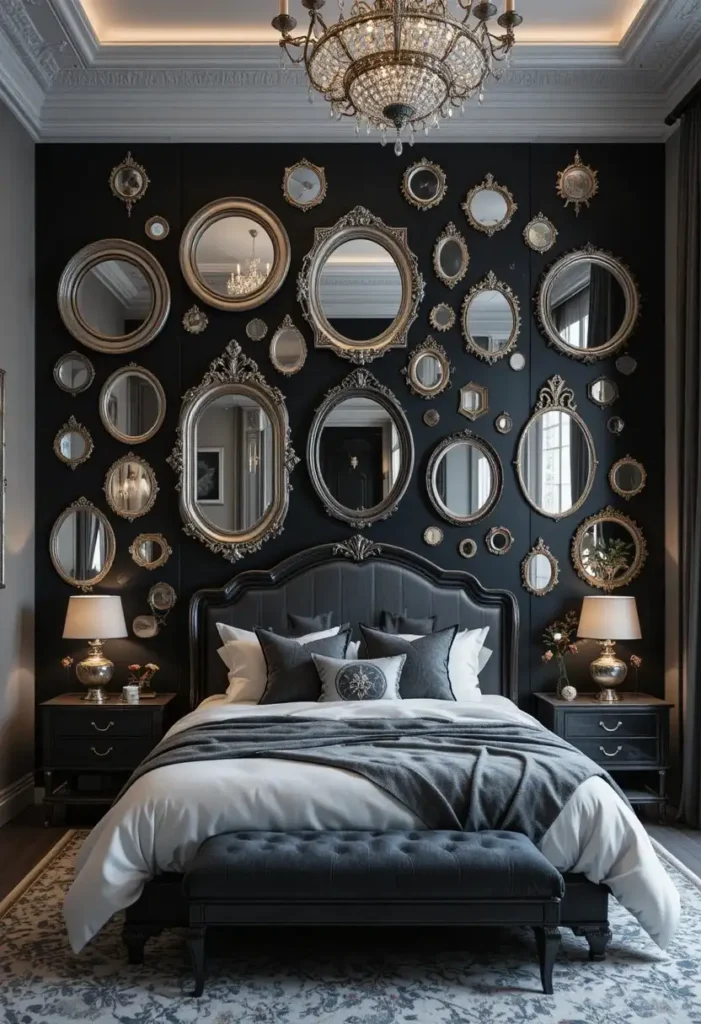 Black feature wall decorated with silver-framed mirrors creating a glamorous bedroom focal point.