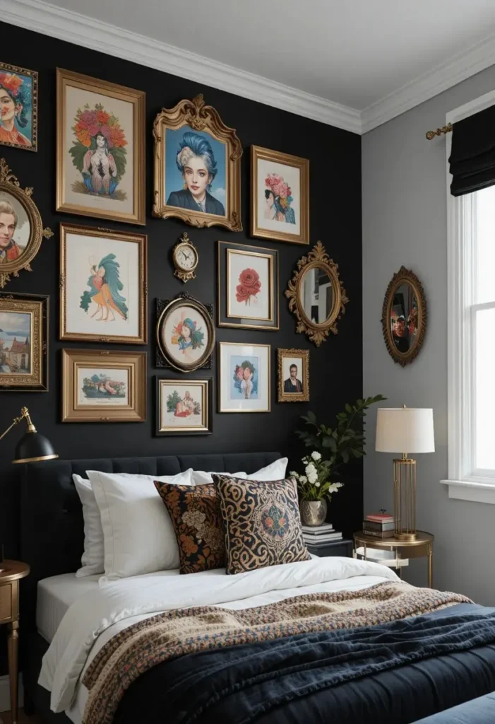Black accent wall featuring a colorful maximalist gallery arrangement.
