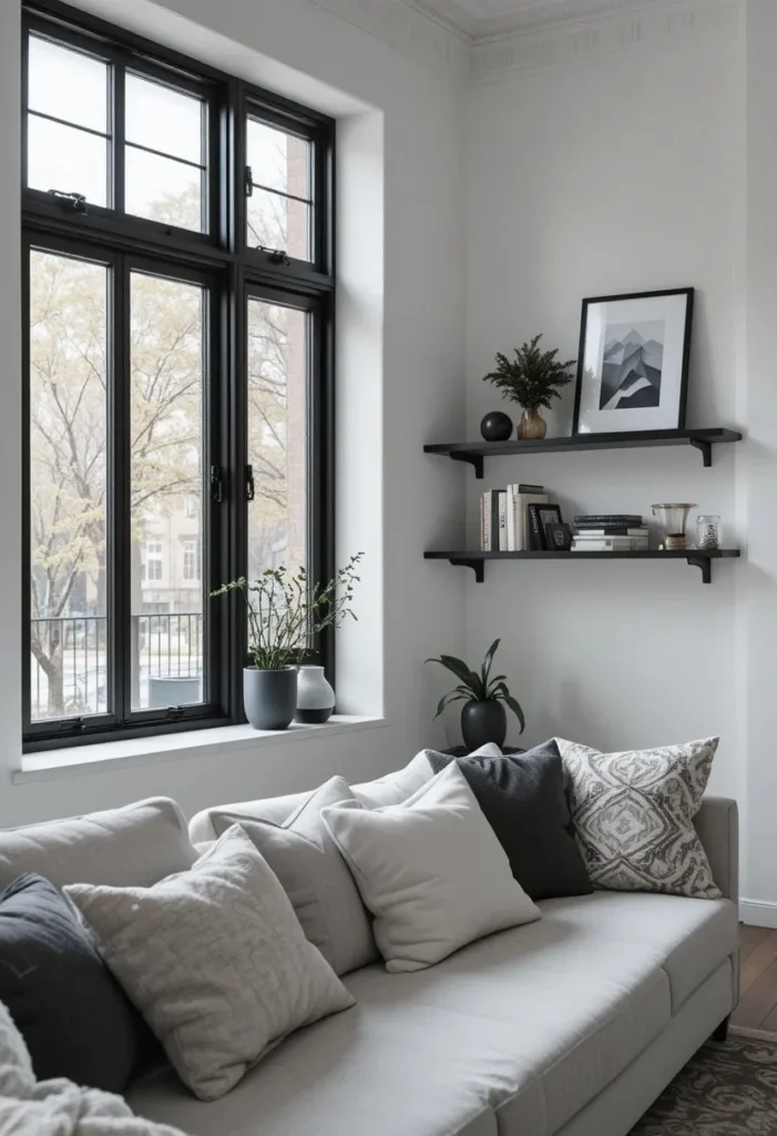 Scandinavian living room featuring black metal accents for modern contrast.