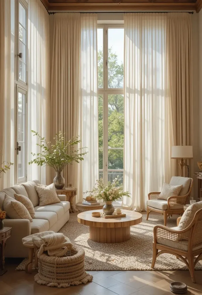 Sheer linen curtains softly filtering sunlight into a boho living room.