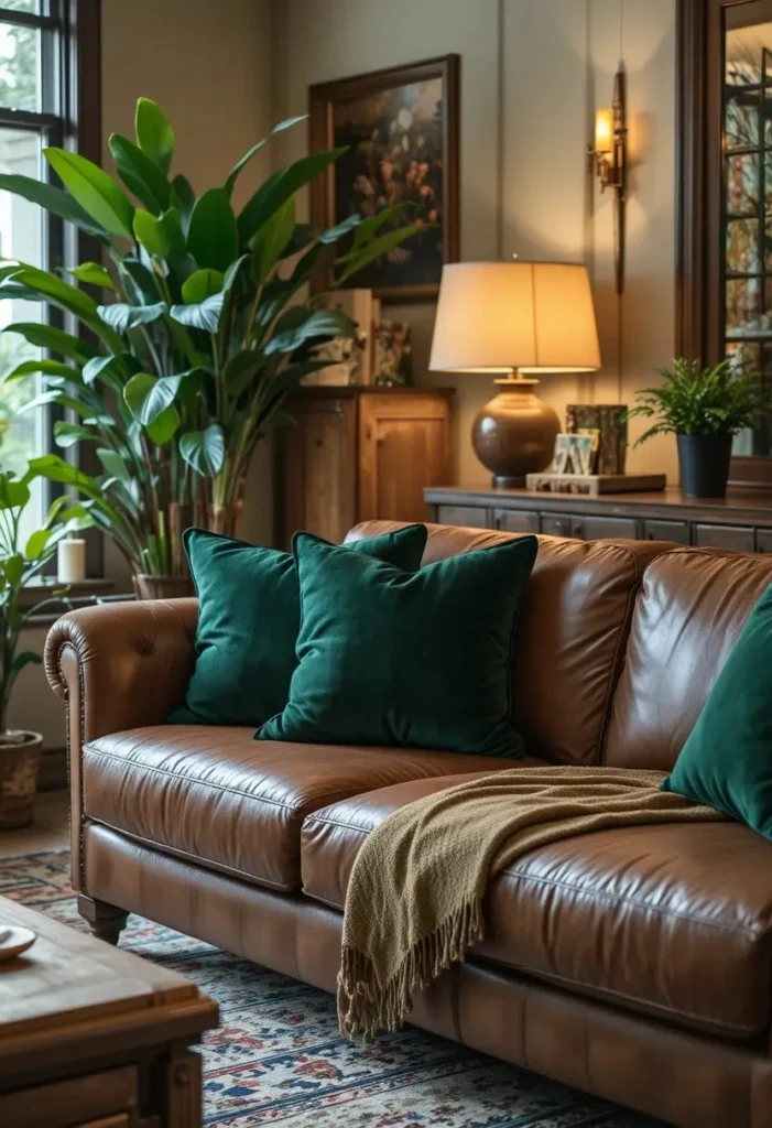 Forest green pillows and throws complementing a brown couch.