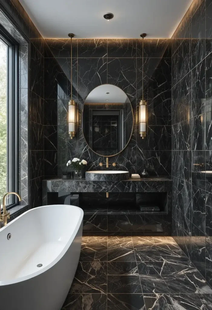 Handmade black zellige tile bathroom with rich texture and depth.