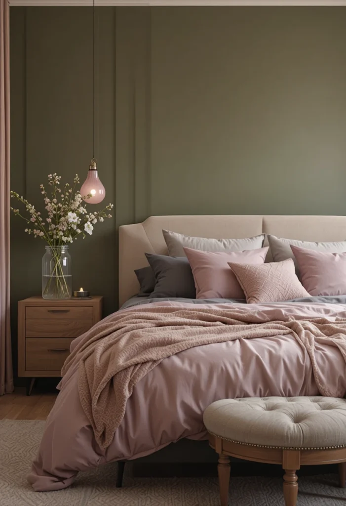 Olive green accent wall paired with dusty rose bedding and decor.