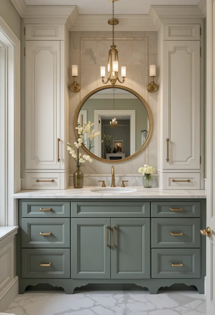 Elegant two-tone bathroom cabinets with white uppers and sage green lowers.