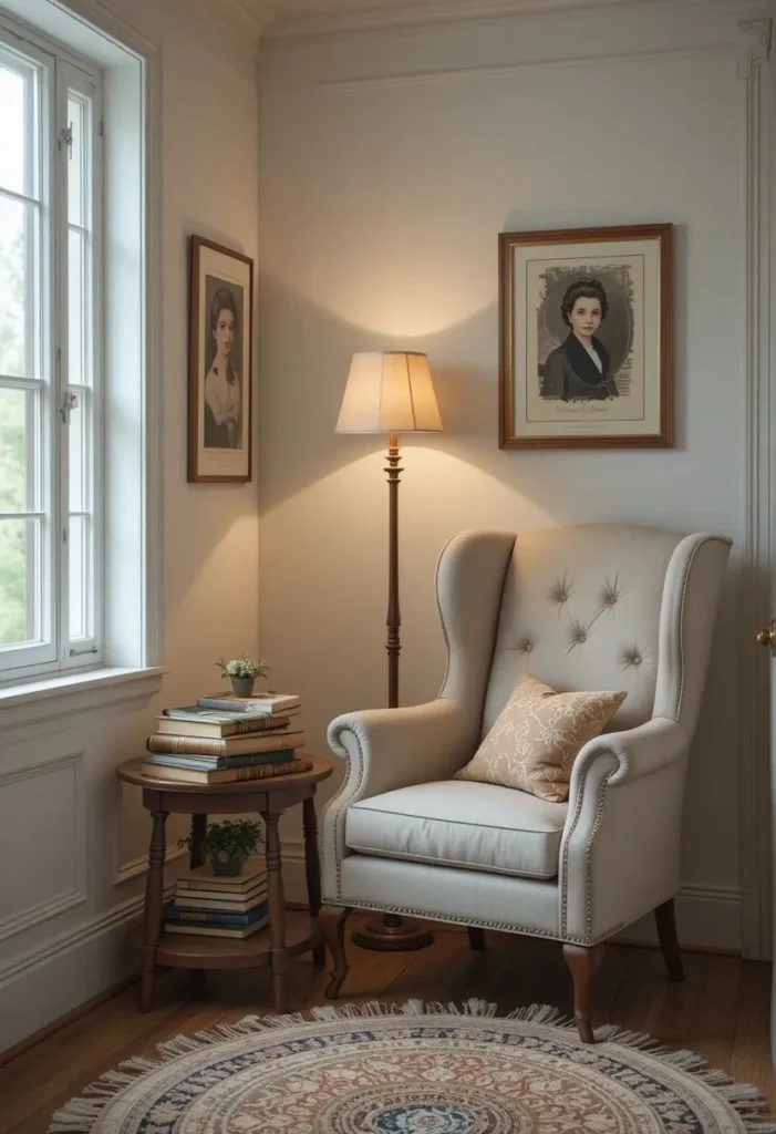 Cozy farmhouse reading nook with wingback chair and warm lighting.