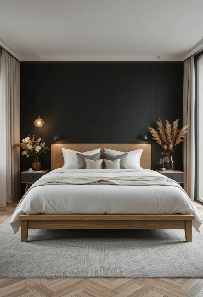Soft black accent wall with warm timber furniture and cream bedding.