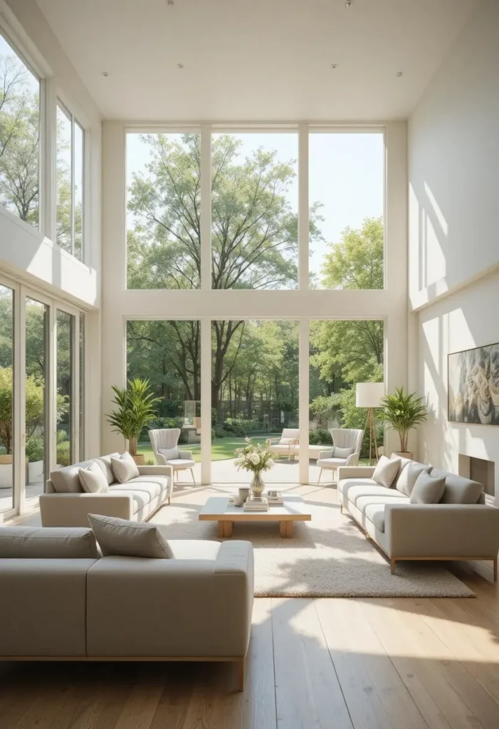 Large windows filling the living room with natural light and openness.