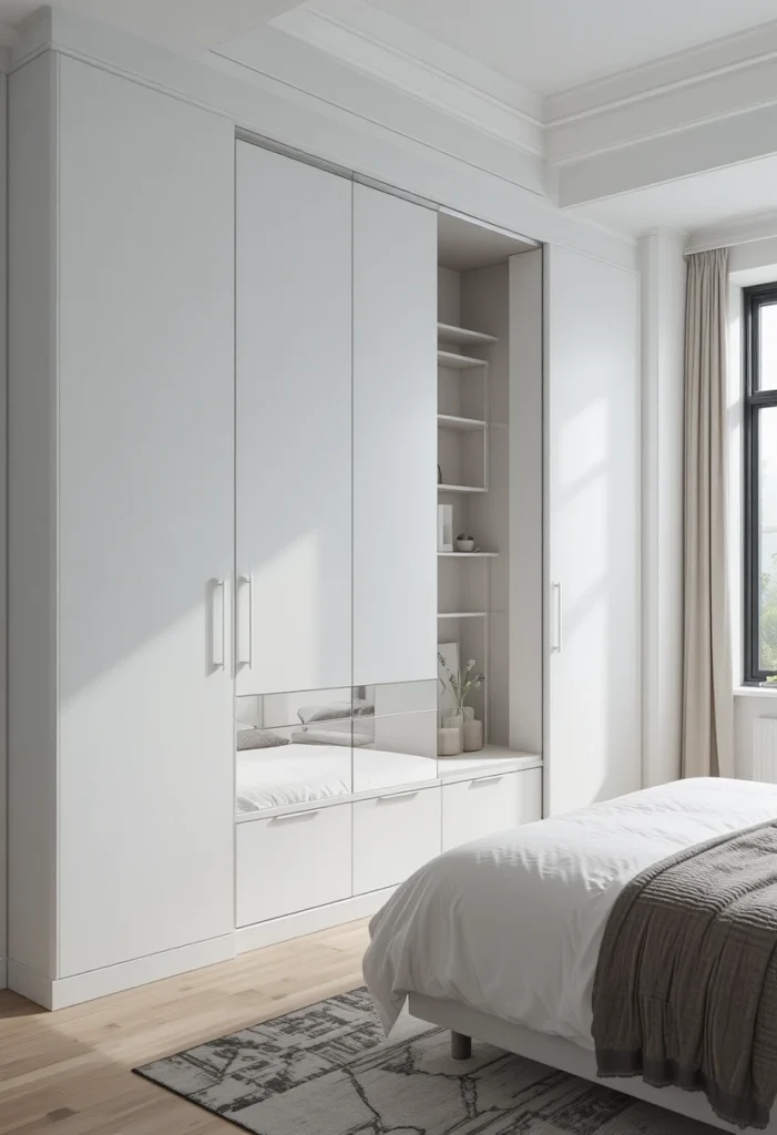 White Murphy bed blending seamlessly into a minimalist bedroom wall.