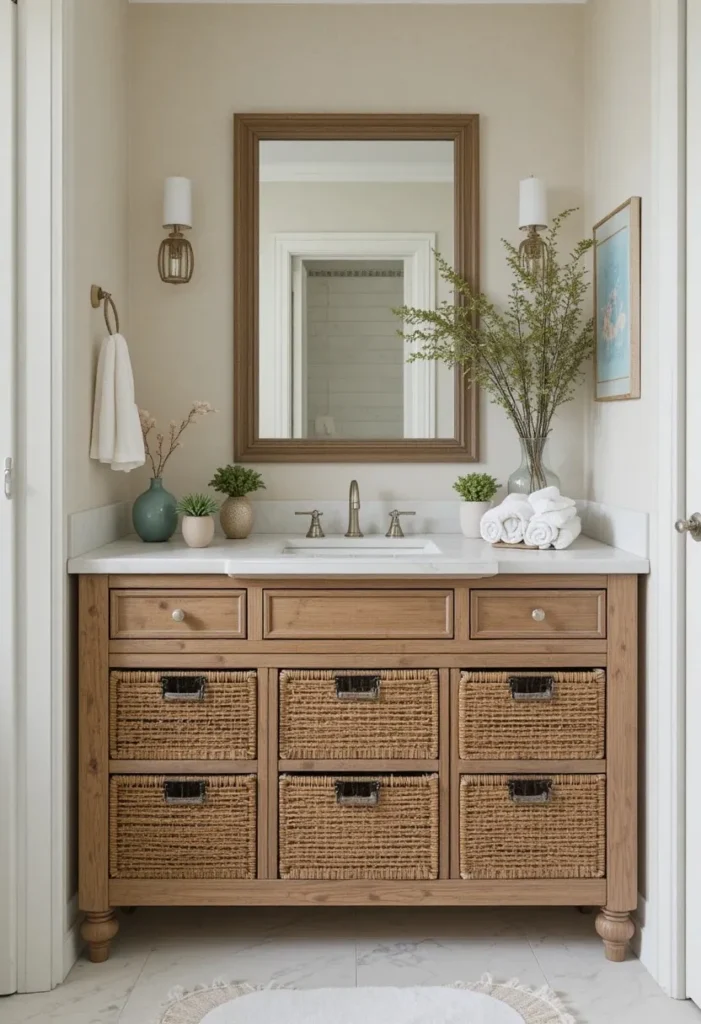 Bathroom vanity with woven basket drawers adding natural texture and storage.