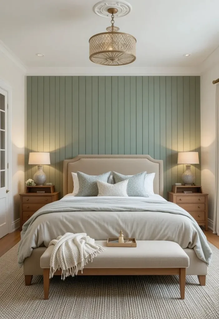 Vertical shiplap accent wall adding texture and height to a stylish bedroom.