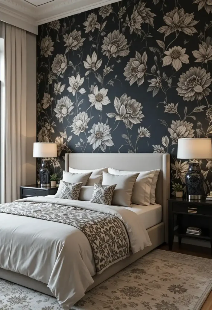 Bedroom with a black wallpaper feature wall and elegant bedding