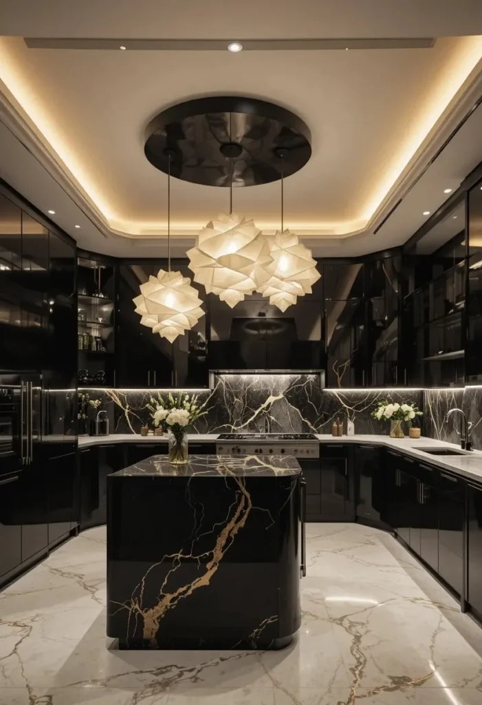 U shaped kitchen highlighted by bold statement lighting above the island.