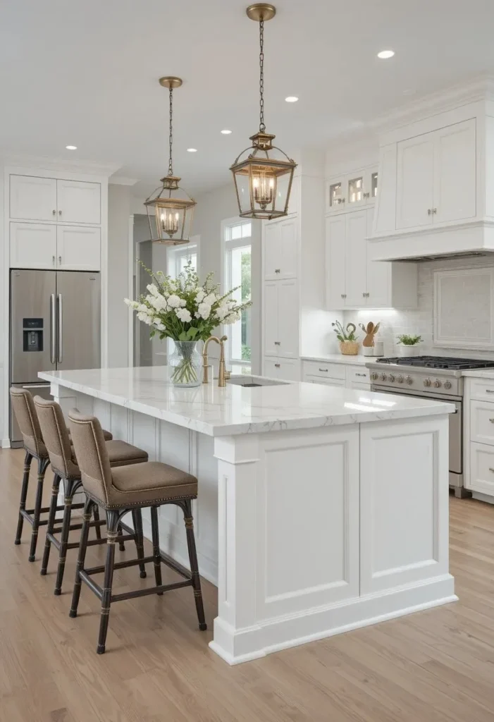 White oak kitchen island paired with white perimeter cabinets for a warm and elegant focal point.