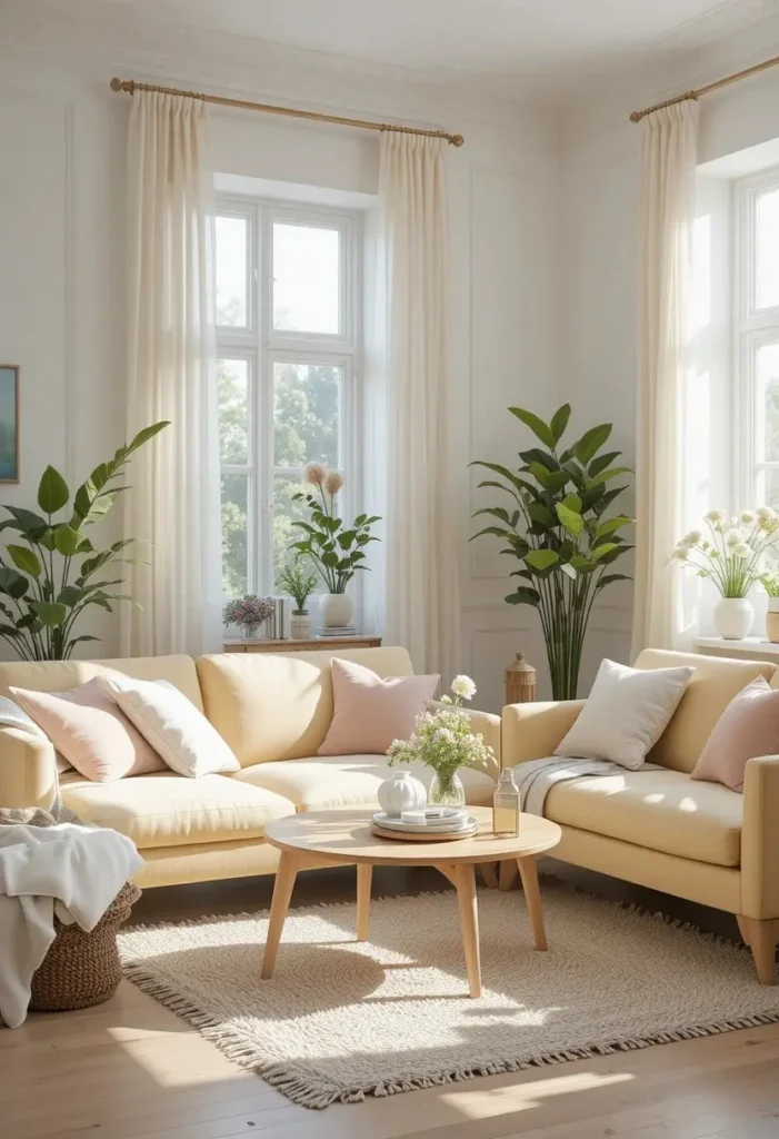 Pale yellow couch in a bright Scandinavian living room with soft natural textures.