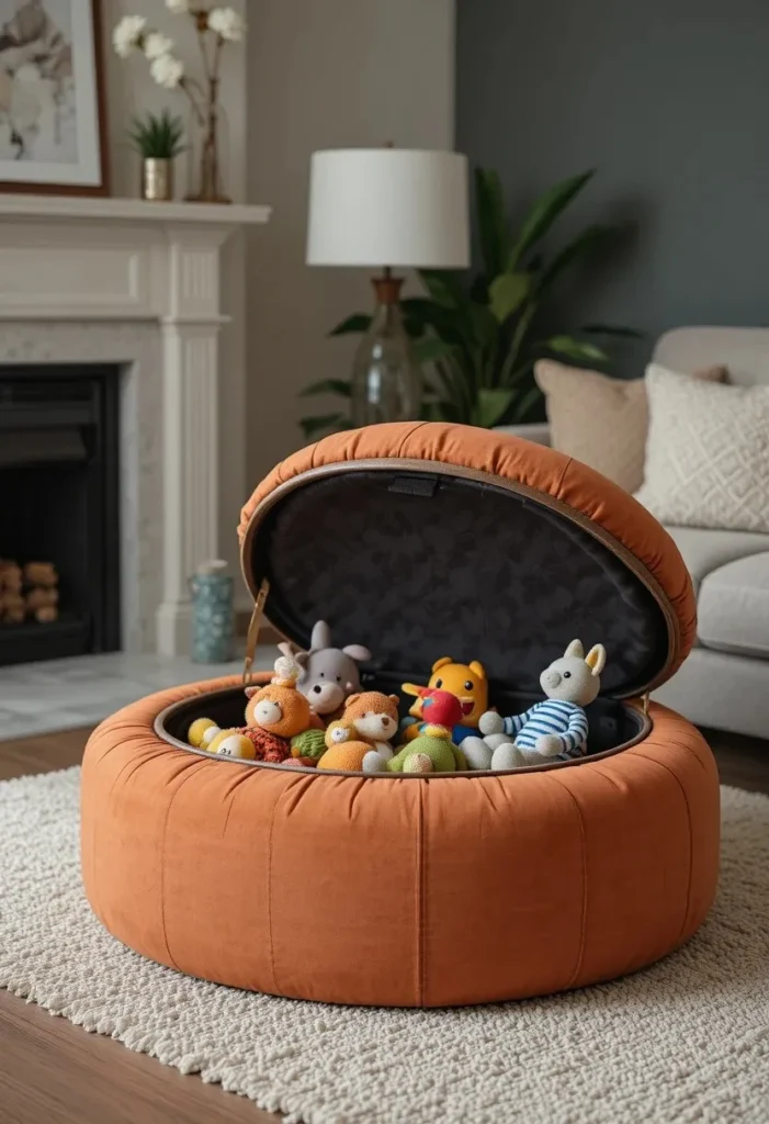 Fabric pouffe with hidden toy storage that doubles as extra seating.