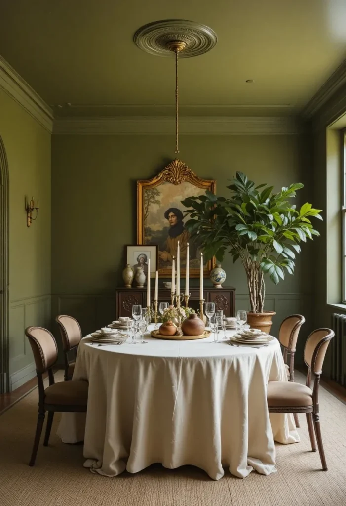 Olive green dining room with natural textures and brass details