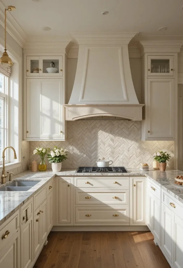 Warm cream herringbone backsplash adding timeless elegance to a kitchen.