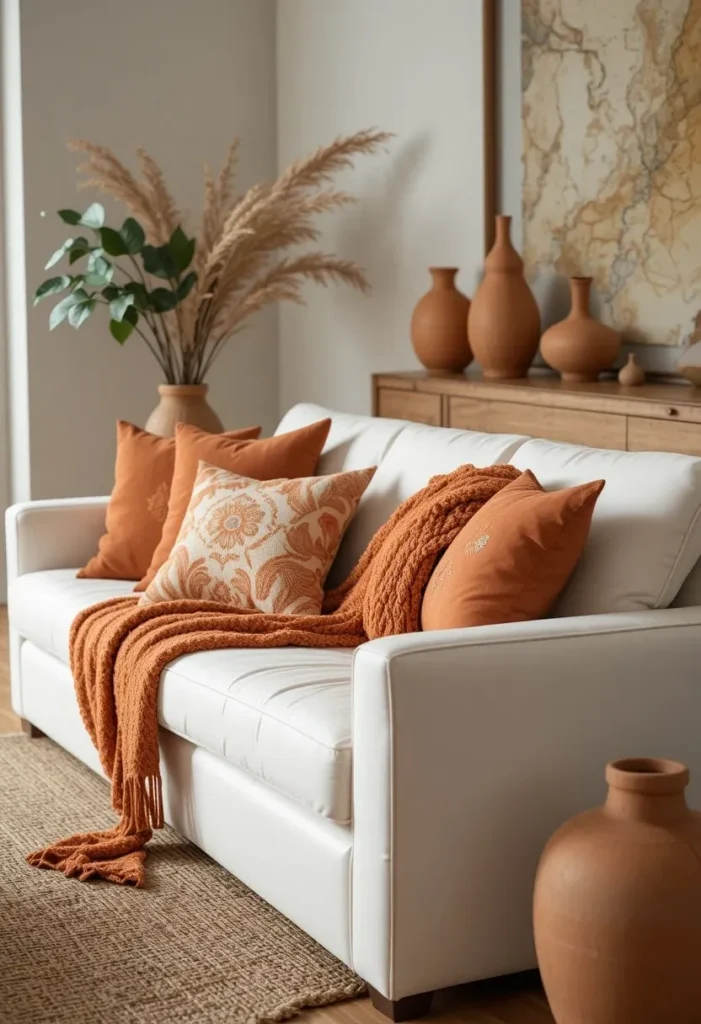 White couch combined with terracotta accents for earthy warmth and character.