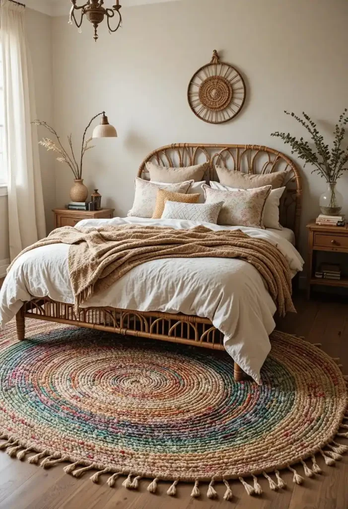 Colorful woven rainbow rug anchoring a cozy bohemian bedroom.