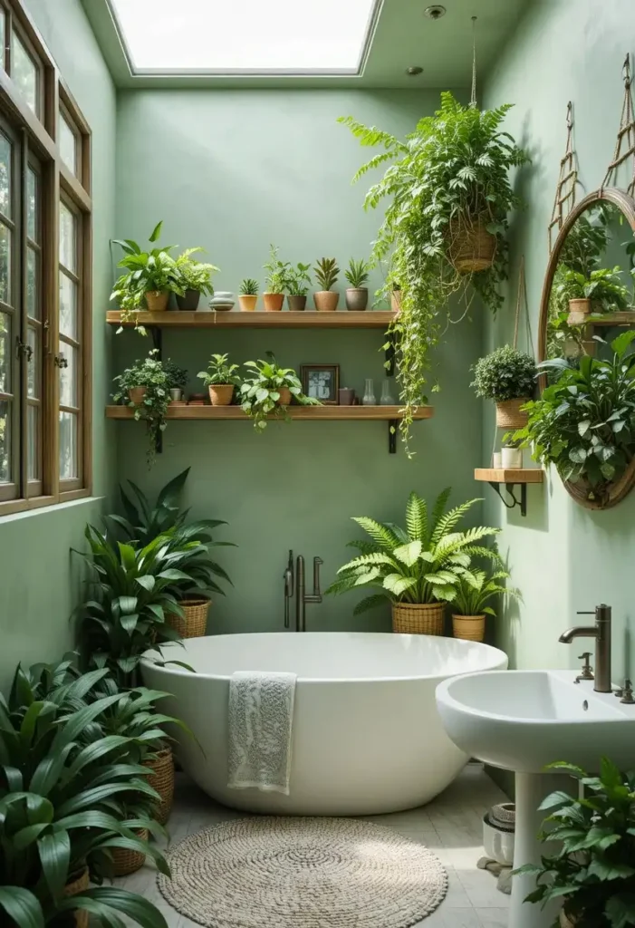 Green bathroom filled with plants and natural organic decor