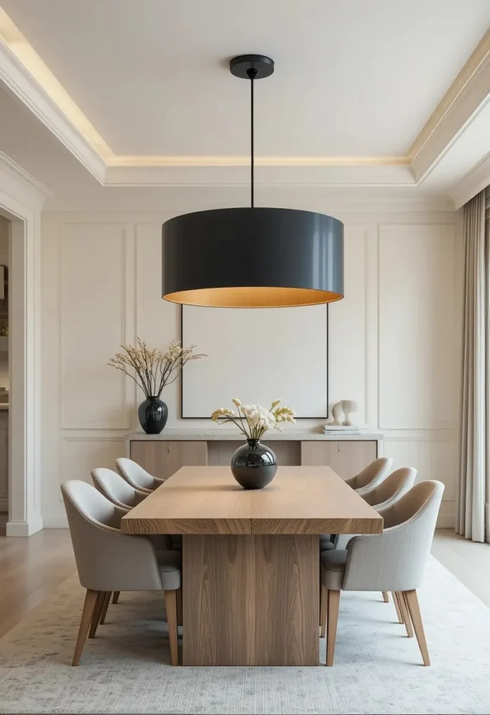 Black drum chandelier above a light wood dining table in a modern dining room.