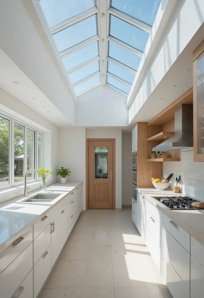 Bright long kitchen with skylight bringing in natural daylight