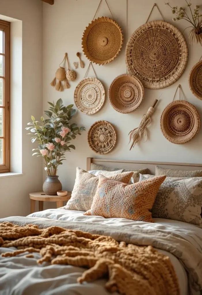 Rainbow-toned woven wall baskets creating artistic texture in a boho bedroom.